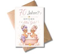 WBdesignz Divertida tarjeta de 70 cumpleaños con sobre, divertida y elegante tarjeta de felicitación para 70 años, dos amigas en la bañera, tarjeta de cumpleaños para mujeres, mejores amigas (DIN A6)