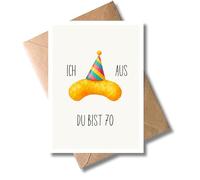 WBdesignz Divertida tarjeta de cumpleaños número 70 con sobre - «Ich Flip aus du bist 70» - Divertida tarjeta plegable con diseño de cacahuete y sombrero de fiesta - Tarjeta de regalo humorística para