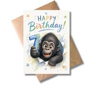 WBdesignz Divertida tarjeta de cumpleaños para niños - Happy Birthday - Tarjeta de felicitación para 7º cumpleaños - Tarjeta de felicitación con sobre, diseño de animales con mono, gorila - para niñas