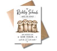 WBdesignz Linda tarjeta de despedida en la oficina con sobre, tarjeta de despedida con familia de nutrias dulces, Richig Schade, dass du gehst, Jobwechsel Neustart, Teamwechsel - Kollegen Miarbeitende
