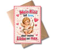 WBdesignz Moderna tarjeta de amor con sobre - Mi Rizz es bajo pero mi amor es max - Divertida tarjeta de San Valentín con Cupido - Mensaje de amor rosa - Lengua juvenil - Mujeres, hombres, parejas