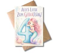 WBdesignz Tarjeta de 4º cumpleaños con diseño de sirena con sobre, tarjeta de felicitación para niñas para el cuarto cumpleaños, tarjeta de cumpleaños para niños en colores pastel con número y mundo