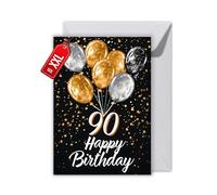 WBdesignz Tarjeta de 90 cumpleaños con sobre, elegante tarjeta de cumpleaños para 90 cumpleaños con globos negros y dorados (XXL DIN A4)
