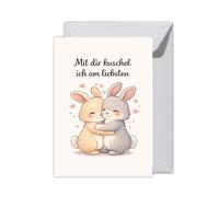 WBdesignz Tarjeta de amor XXL con sobre, tarjeta de felicitación con dos conejos "Mit dir kuschelel ich am liebsten", tarjeta de felicitación para novia, pareja, cumpleaños, aniversario, romántica
