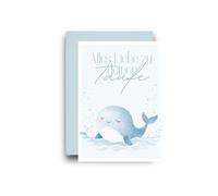 WBdesignz Tarjeta de bautizo con sobre azul - Tarjeta de felicitación «Alles Liebe zu deiner Baufe» con bonito pez ballena, burbujas y olas de agua, perfecta tarjeta cristiana para bautizo sagrado