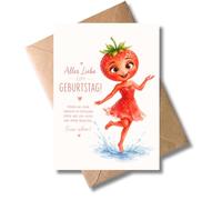 WBdesignz Tarjeta de cumpleaños con sobre, bonita figura de fresa bailando - Alles Liebe zum Geburtstag - Glückwunschkarte lieber Spruch - Für Frauen Kolleginnen Freundinnen (DIN A6)