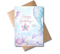 WBdesignz Tarjeta de cumpleaños de sirena con sobre, dulce mundo submarino con caballito de mar, aleta y conchas - Tarjeta de felicitación de cumpleaños para niñas para 6º cumpleaños (DIN A6)