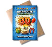 WBdesignz Tarjeta de cumpleaños para 30 cumpleaños - Ein hoch auf Dich - bunte Glückwunschkarte mit Umschlag für Frauen und Männer - hochwertige Glückwunlationkarte für 30 Jahre jährige (DIN A6)
