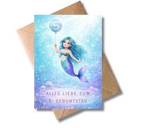 WBdesignz Tarjeta de cumpleaños para 5º cumpleaños, tarjeta de felicitación con sobre con sirena, mundo submarino, divertida tarjeta de felicitación para hija, niña, cinco años, niños (DIN A6)