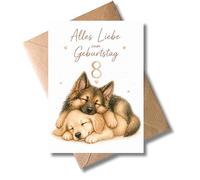 WBdesignz Tarjeta de cumpleaños para 8º cumpleaños con sobre - «Alles Liebe zum Geburtstag - Süße Glückwunsch Karte mit kuscheligen Hundewelpen & Herzen - für Kinder Jungs Mädchen Hundeliebhaber(DIN