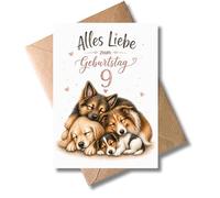 WBdesignz Tarjeta de cumpleaños para 9 años con sobre, texto en alemán "Alles Liebe zum 9.Geburtstag - Niedliche Glückwunsch Karte für Kinder Mädchen & Jungen - Schlafende Hundewelpen Herzen (DIN A6)