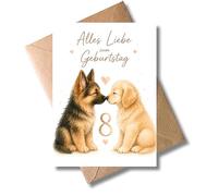 WBdesignz Tarjeta de cumpleaños para niños - Alles Liebe zum Geburtstag - Glückwunschkarte zum 8th Geburtstag mit Hunden, Welpen, Tiermotiv - Glückwunlationkarte mit Umschlag - Mädchen Jungen (DIN A6)