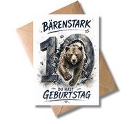 WBdesignz Tarjeta de cumpleaños para niños, diseño de oso con texto en alemán "Bärenstark du hast Geburtstag", tarjeta de felicitación para el 10º cumpleaños con sobre, moderna tarjeta de felicitación