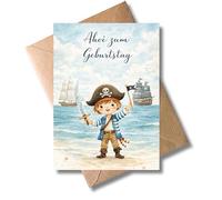 WBdesignz Tarjeta de cumpleaños pirata "Ahoi para cumpleaños" con sobre, para niños, niños, niñas, aficionados a los piratas, mapa del tesoro, velero, mar, tarjeta dulce para cumpleaños infantiles