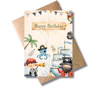 WBdesignz Tarjeta de cumpleaños pirata con sobre, bonita tarjeta de cumpleaños para niños con motivos marinos, pirata y velero - Tarjeta de felicitación para niños y niñas para cumpleaños infantiles
