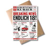 WBdesignz Tarjeta humorística de 18 cumpleaños con sobre - Divertida tarjeta de cumpleaños con periódico Breaking News - mayoría de edad 18 años niños niñas - Idea de regalo divertida 18 (DIN A6)