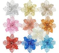 WBDWWTD 10pcs Glitter Artificial Poinsettia Flower with Berry Wedding New Year Christmas Cherry Flower Decorations Xmas Tree Ornament-Multi,11cm