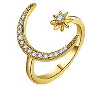 WBDWWTD Anillo de Plata de Ley 925 con circonita cúbica AAA, Gran Luna y Estrella del Sol, Anillo de Apertura con Forma de Media Luna, Banda para el Dedo con Diamantes de imitación, Media Luna,