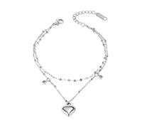 WBDWWTD Anklet for Women Silver Stainless Steel Heart Double Layer Foot Chain Jewelry 22+4.5cm