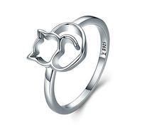 WBDWWTD Auténtico 100% Plata de Ley 925 pequeño Gato Travieso y Anillo de Dedo de corazón para Mujer Regalo de joyería de Plata esterlina