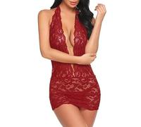 WBDWWTD Babydoll Lencería Travieso Body de Encaje Transparente Una Pieza Halter Fruncido Bodycon Slim Fit Deep V Teddy Ropa Interior Ropa de Dormir Corsé Mono para Clubwear San Valentín