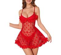 WBDWWTD Babydoll para Mujer, lencería de Malla Transparente con Estampado de Corazones, Camisola de Encaje, Ropa de Dormir con Ribete de Volantes, Ropa de Dormir, Vestido con Cuello en V, negligé con