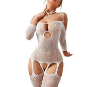 WBDWWTD Body de Malla de Rejilla de Hadas para Mujer Conjunto de lencería de Encaje Transparente Sexy Body de una Pieza Cuello en V Profundo Mono Calado Medias Babydoll Ropa Interior de Peluche