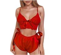 WBDWWTD Conjunto de Pijama de Encaje de lencería para Mujer, Sujetador con Lazo de 2 Piezas y Calzoncillos de satén, Bralette con Tiras, Ropa Interior con Cordones, Babydoll de Malla Transparente,
