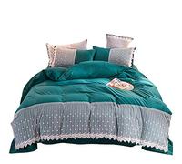 WBDWWTD Luxury Bedding Set King Size, Winter Duvet Cover Set 4 Pcs Bedding Set Double Bed Quilt Cover Sets Flat Sheet Twin Lace, European Style Green Pink Soft Warm Flannel Thick Warm Fabric