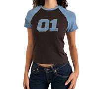 WBDWWTD Mujeres Verano Y2K Crop Baby tee Número Gráfico Cuello Redondo Top Vintage Adolescente Chica Blokecore Camiseta Estética Streetwear