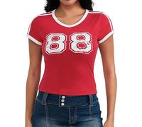 WBDWWTD Mujeres Verano Y2K Crop Baby tee Número Gráfico Cuello Redondo Top Vintage Adolescente Chica Blokecore Camiseta Estética Streetwear