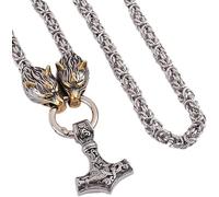 WBDWWTD Neklace para Hombres, Collar de Acero Inoxidable con Cabeza de Lobo Vikingo Mjolnir, Cadena bizantina con Colgante de Martillo de Thor Celta nórdica, Amuleto nórdico Odin Fenrir, joyería de