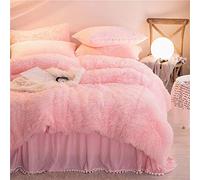 WBDWWTD Winter Bedding Sets King Size, Bedding Single Pink Shaggy Flannel 4 PC Duvet Cover Set(1Duvet Cover + 2 Pillowcases + 1 Quilted Fitted Bed Sheet 3 Side Coverage Ruffle Bed Skirt)