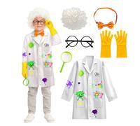 Wbesty Disfraz de Ciencia Mad de 6 piezas para niños con bata de laboratorio, peluca, guantes, pajarita y lupa para disfrazarse, juegos de rol científicos de 9 a 10 años