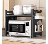 WBJGUOD Adjustable Microwave Oven Rack with Perforated Board - 2-Tier Freestanding Kitchen Storage Shelf Countertop in Black (L 57cm/22.4") for Space-Saving Efficiency