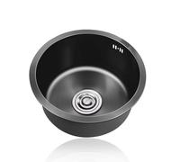WBJGUOD Fregadero de Cocina pequeño Negro de un Seno con escurridor y rebosadero para Bar y Restaurante, Redondo de Acero Inoxidable 304, para bajo encimera (Ø 25 cm)