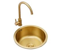 WBJGUOD Fregadero Redondo Dorado de un Seno para Cocina, de Acero Inoxidable, con Grifo y Accesorios (40 x 40 x 19 cm)