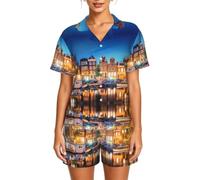WBQLSL Amsterdam Night View - Conjunto de pijama de manga corta para mujer, con cuello y botones y cintura elástica, Negro, 5XL-6XL