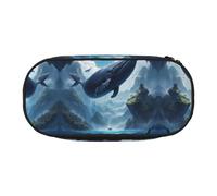 WBQLSL Bolsa de almacenamiento de papelería con estampado de ballena de montaña flotante, estuche de múltiples capas portátil para estudiantes