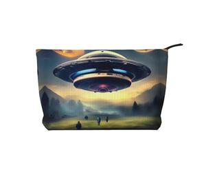 WBQLSL Bolsa de cosméticos de pana estampada UFO Landing, bolsa de almacenamiento de cosméticos esencial de viaje