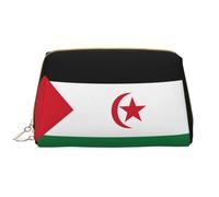 WBQLSL Bolsa de cosméticos de piel con la bandera del Sáhara Occidental, bolsa de cosméticos portátil de viaje, bolsa de almacenamiento de cosméticos de gran capacidad con bolsillos,