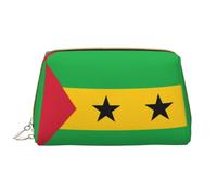 WBQLSL Bolsa de maquillaje de piel con la bandera de Santo Tomé y Príncipe, bolsa de almacenamiento de maquillaje portátil de gran capacidad, bolsa de maquillaje de viaje con bolsillo