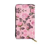 WBQLSL Bonita cartera de cuero con diseño de rosas rosadas, monedero de 7.4 x 4.13 pulgadas de largo con cremallera, práctica cartera de viaje para dinero en efectivo
