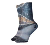 WBQLSL Bonitos calcetines cálidos con estampado de tren nocturno nevado, cómodos y transpirables a media pantorrilla
