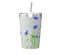WBQLSL Botella de acero inoxidable con patrón de flores de aciano azul, taza de paja cónica portátil desmontable, taza de agua para deportes al aire libre