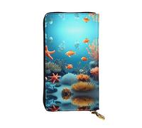 WBQLSL Cartera de cuero de mano, cartera de 7.5 x 4.1 pulgadas de largo, compartimento secreto, almacenamiento, protege la privacidad personal, patrón submarino de peces de coral