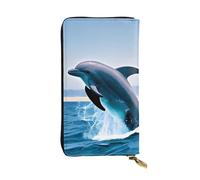 WBQLSL Cartera de cuero de mano, cartera de 7.5 x 4.1 pulgadas de largo, compartimento secreto, almacenamiento, protege la privacidad personal, patrón de delfines saltando, negro, talla única