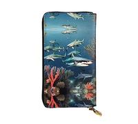 WBQLSL Cartera de cuero de mano, cartera de 7.5 x 4.1 pulgadas de largo, compartimento secreto, almacenamiento, protege la privacidad personal, patrón de tiburones bajo el mar
