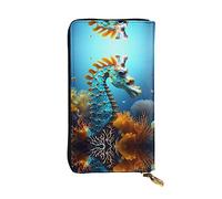 WBQLSL Cartera de cuero de mano, cartera de 7.5 x 4.1 pulgadas de largo, compartimento secreto, almacenamiento, protege la privacidad personal, patrón de caballito de mar azul