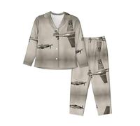 WBQLSL Conjunto de pijama de manga larga con estampado de aviones de la Segunda Guerra Mundial, ropa de descanso simple y cómoda, Negro, S-3XL
